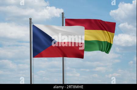 Bolivia flag and Czech Republic flag waving together on blue sky, two country cooperation concept Stock Photo