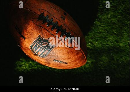 NEW YORK, USA, SEPTEMBER 11, 2023: Detailed View of the NFL Leather Ball on the green field, covered by evening light and shadow. Illustrative photo, Stock Photo