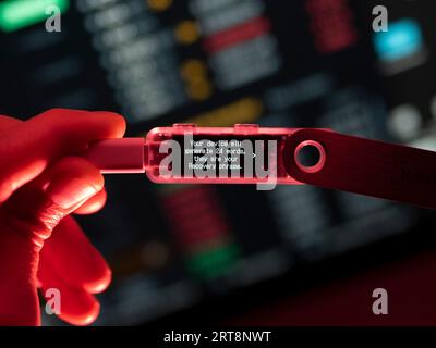 The logo Binance and the emblem of Lightning Network on a screen. In the background a blurry exchange chart. Stock Photo