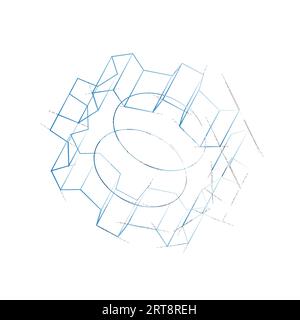 3D gear wheel. Vector rendering of 3d. Wire-frame style. Engineering drawing style Stock Vector