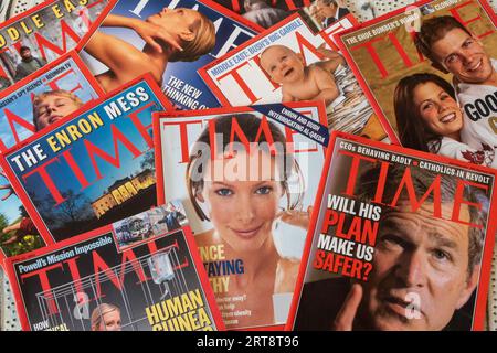 A still life array of 2002 'Time' magazines, USA Stock Photo