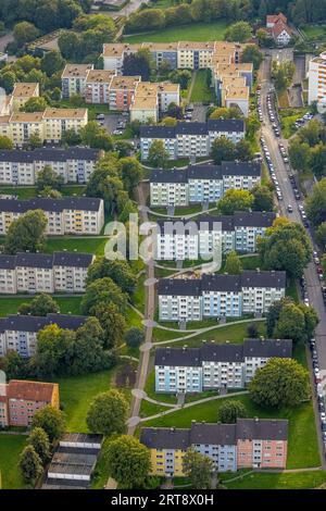 Aerial view, row house apartment buildings housing estate Ährenstraße, Twittingstraße, Haspe-West, Hagen, Ruhr area, North Rhine-Westphalia, Germany, Stock Photo