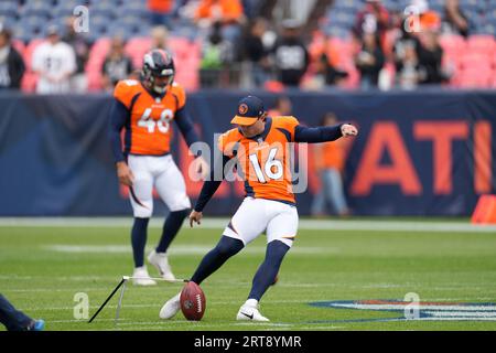 Denver Broncos place kicker Wil Lutz (16) warms up before the