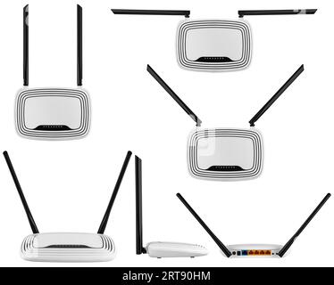 New white Wi-Fi router with gray antennas on a light blue background ...