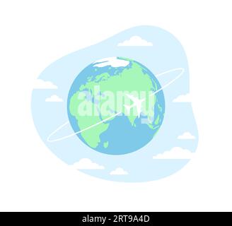 Earth globe with an airplane flying around it and blue cloudy sky isolated on a white background. Flat vector illustration Stock Vector