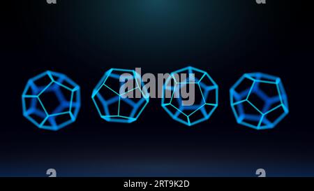 4 dodecahedrons with edges from different angles of view. Depth of field. Visualization of gems or geometric shapes Stock Vector