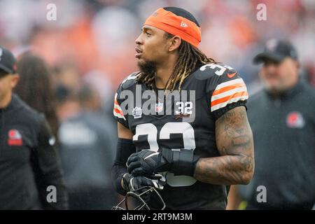 Cleveland Browns safety Ronnie Hickman Jr. (33) celebrates an interception  with teammates during the first half of an NFL preseason football game  against the Philadelphia Eagles on Thursday, Aug. 17, 2023, in