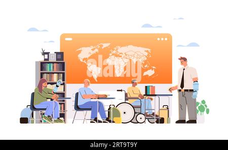 group of young disabled men and women meeting in inclusive classroom feeling positive and confident people with disabilities Stock Vector