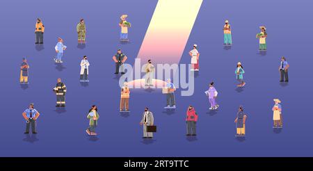 set different occupation people diverse workers of various professions and specialists standing together happy labor day celebration Stock Vector