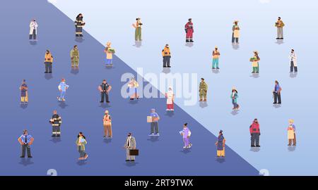 set different occupation people diverse workers of various professions and specialists standing together happy labor day celebration Stock Vector