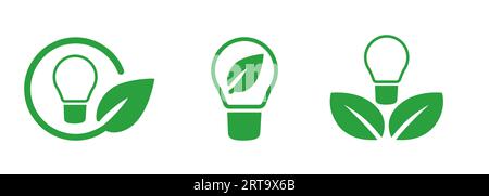 Light bulb green leaf leaves set icon symbol of creative ideas in environment friendly eco organic innovation Stock Vector