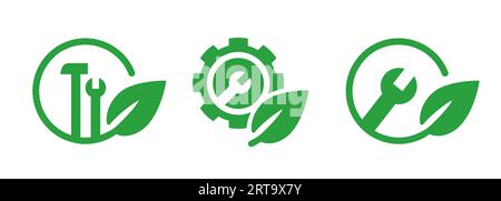 Green eco mechanical agro farm automation hammer wrench symbol icon of maintenance technical technology agriculture Stock Vector