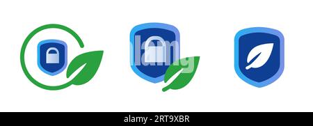 Shield lock key and green leaf symbol of bio protection security icon secured environmental impact Stock Vector