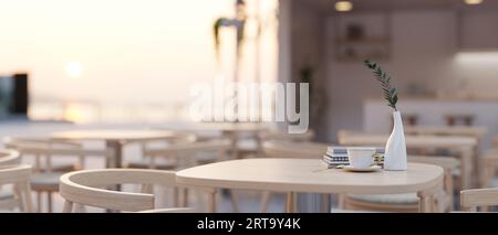 Close-up image of a copy space on a wooden table in a modern and comfortable restaurant or coffee shop seating area. 3d render, 3d illustration Stock Photo