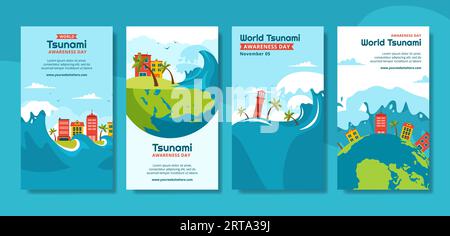 World Tsunami Awareness Day Social Media Stories Cartoon Templates Background Illustration Stock Vector