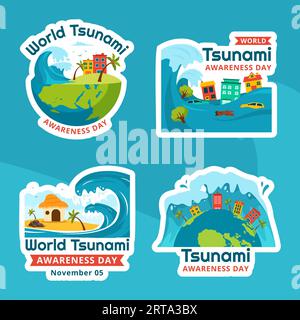 World Tsunami Awareness Day Label Flat Cartoon Hand Drawn Templates Background Illustration Stock Vector