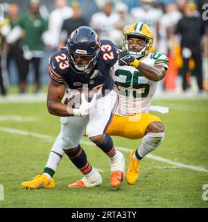 Green Bay Packers' Keisean Nixon trto get past Chicago Bears' Josh Blackwell  during the first half of an NFL football game Sunday, Dec. 4, 2022, in  Chicago. (AP Photo/Charles Rex Arbogast Stock