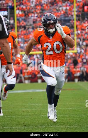 Denver Broncos fullback Michael Burton (20) warms up during an NFL