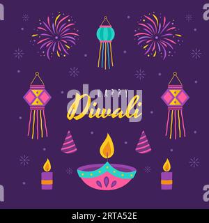 Diwali elements. Indian festival of lights icon set. Colorful deepavali signs on purple background. Vector illustration in flat cartoon style Stock Vector