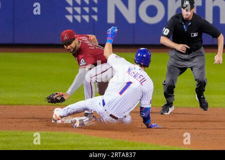 FLUSHING, NY - SEPTEMBER 11: Arizona Diamondbacks Catcher Seby Zavala (59)  hits a single during the seventh inning of a Major League Baseball game  between the Arizona Diamondbacks and the New York