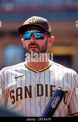 St. Louis, United States. 28th Aug, 2023. San Diego Padres designated  hitter Matt Carpenter, acknowledges a standing ovation as he steps into the  batters box in the second inning against the St.