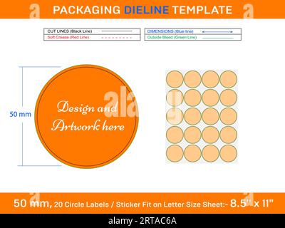 20pcs 50 mm CIRCLE or ROUND label sticker die line template in Letter page Stock Vector