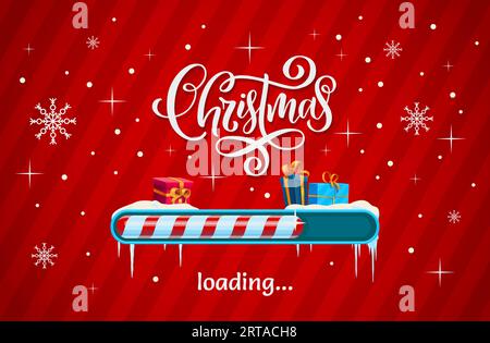 Christmas loading bar with candy cane slider, gifts on snow and lettering. Vector Xmas load countdown indication with sense of winter holiday anticipation on red background with falling snowflakes Stock Vector