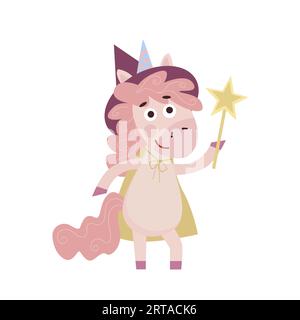 Funny cartoon child Unicorn. Happy unicorn character holding magic wand. Isolated vector illustration Stock Vector