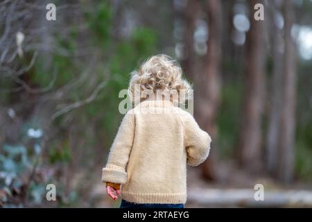 blonde todder walking in a forest on a hike in spring in a national park Stock Photo