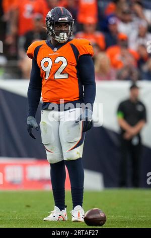 Denver Broncos defensive lineman Jonathan Harris (92) plays against the  Tennessee Titans during the first half of an NFL football game Sunday, Nov.  13, 2022, in Nashville, Tenn. (AP Photo/Mark Zaleski Stock