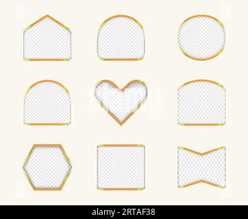 Set of different photo frames with golden border, mock up, vector template for pictures Stock Vector