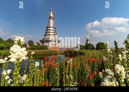 Chedis of the Royal Pagodas Phra Maha Dathu Nabha Metaneedol and Nabhapol Bhumisiri in Doi Inthanon National Park near Chom Thong, Chiang Mai, Thailan Stock Photo