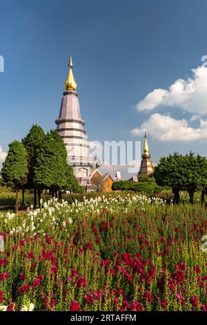 Chedis of the Royal Pagodas Phra Maha Dathu Nabha Metaneedol and Nabhapol Bhumisiri in Doi Inthanon National Park near Chom Thong, Chiang Mai, Thailan Stock Photo