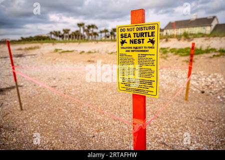Sea turtle nest protection sign and markers along the shoreline in Ponte Vedra Beach, Florida, just north of St. Augustine. (USA) Stock Photo