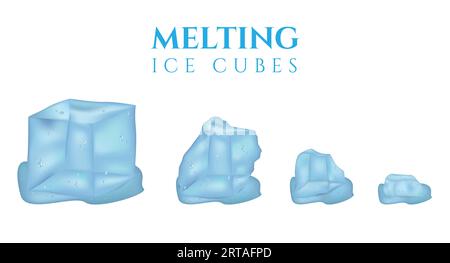 Set of vector illustrations of melting realistic style ice cubes Stock Vector