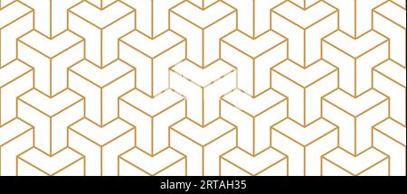 Geometric line tile seamless pattern. Isometric modern cube grid background. White and gold texture. Vintage herringbone wooden floor. Mosaics tile Stock Vector