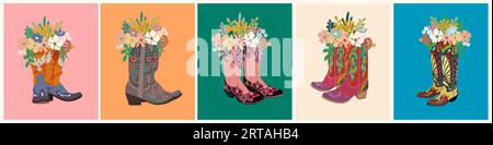 Set of different Cowboy boots with flowers vector. Stock Vector
