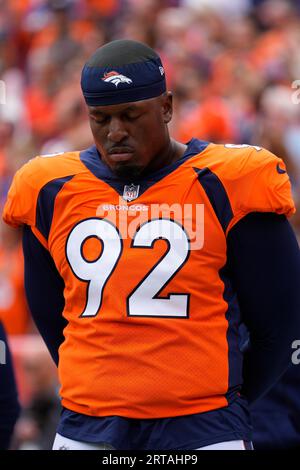 Denver Broncos defensive lineman Jonathan Harris (92) plays against the Tennessee  Titans during the first half of an NFL football game Sunday, Nov. 13, 2022,  in Nashville, Tenn. (AP Photo/Mark Zaleski Stock