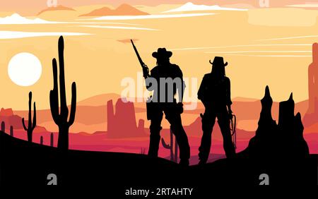 Two Cowboys standing with gun and lasso silhouette Stock Vector