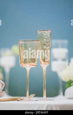 Table setting for a romantic date for a couple in love on Valentine's Day or a festive wedding table Stock Photo