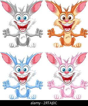 Evil Jump Rope Rabbit Cartoon Four cartoon rabbits jump with scary smiles in a vector illustration ...