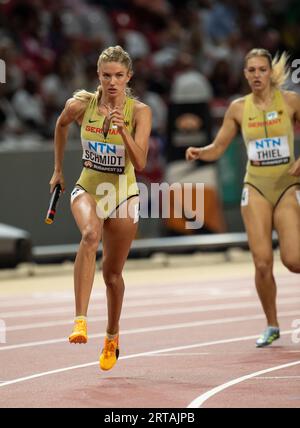 Alica Schmidt of Germany competing in the 4x400m relay on day eight at the World Athletics Championships at the National Athletics Centre in Budapest Stock Photo