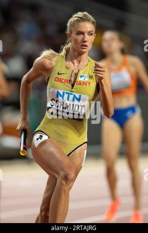 Alica Schmidt of Germany competing in the 4x400m relay on day eight at the World Athletics Championships at the National Athletics Centre in Budapest Stock Photo