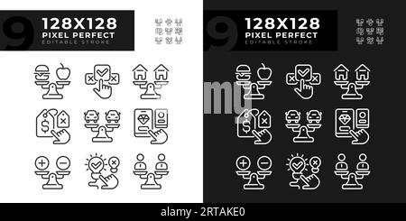 Pack of pixel perfect dark and light comparisons icons Stock Vector