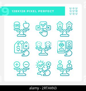 Pack of pixel perfect gradient comparisons icons Stock Vector