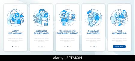 Walkthrough sustainable fashion with blue line icons Stock Vector