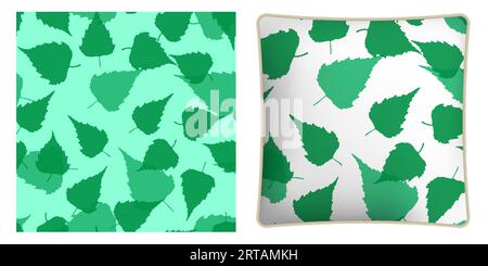 Square decorative pillow, bedroom accessory decorated birch leaves silhouettes seamless pattern. Autumn fallen leaves of birch tree. Vector ornament f Stock Vector