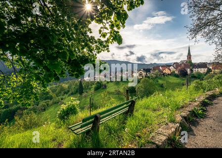 Bench on a slope, Bermersbach in the background in backlight, Forbach, Black Forest, Baden-Württemberg, Germany Stock Photo
