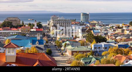 The colorful houses and buildings of Punta Arenas from the Cerro de la Cruz viewpoint, Chile, Patagonia Stock Photo