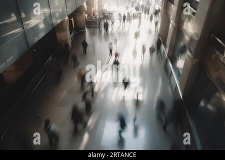 A diverse group of professionals are walking around the spacious and airy office building, engaging in conversations and going about their daily work Stock Photo
